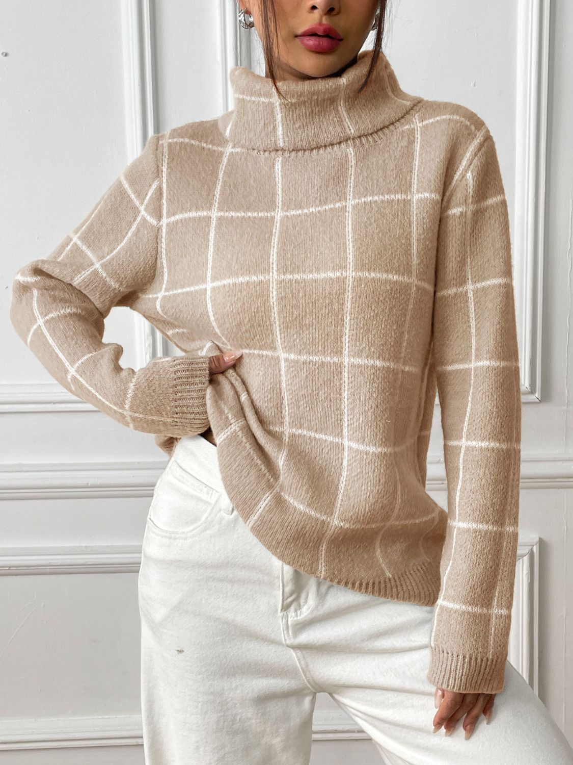 Plaid Turtleneck Long Sleeve Sweater