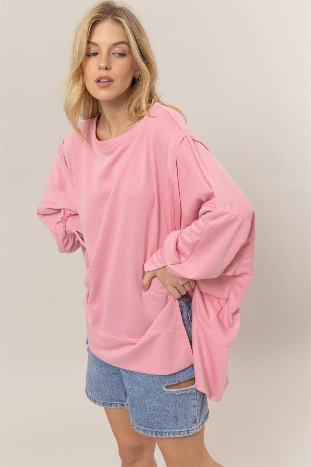 HYFVE French Terry Long Sleeve High-Low Slit Sweatshirt