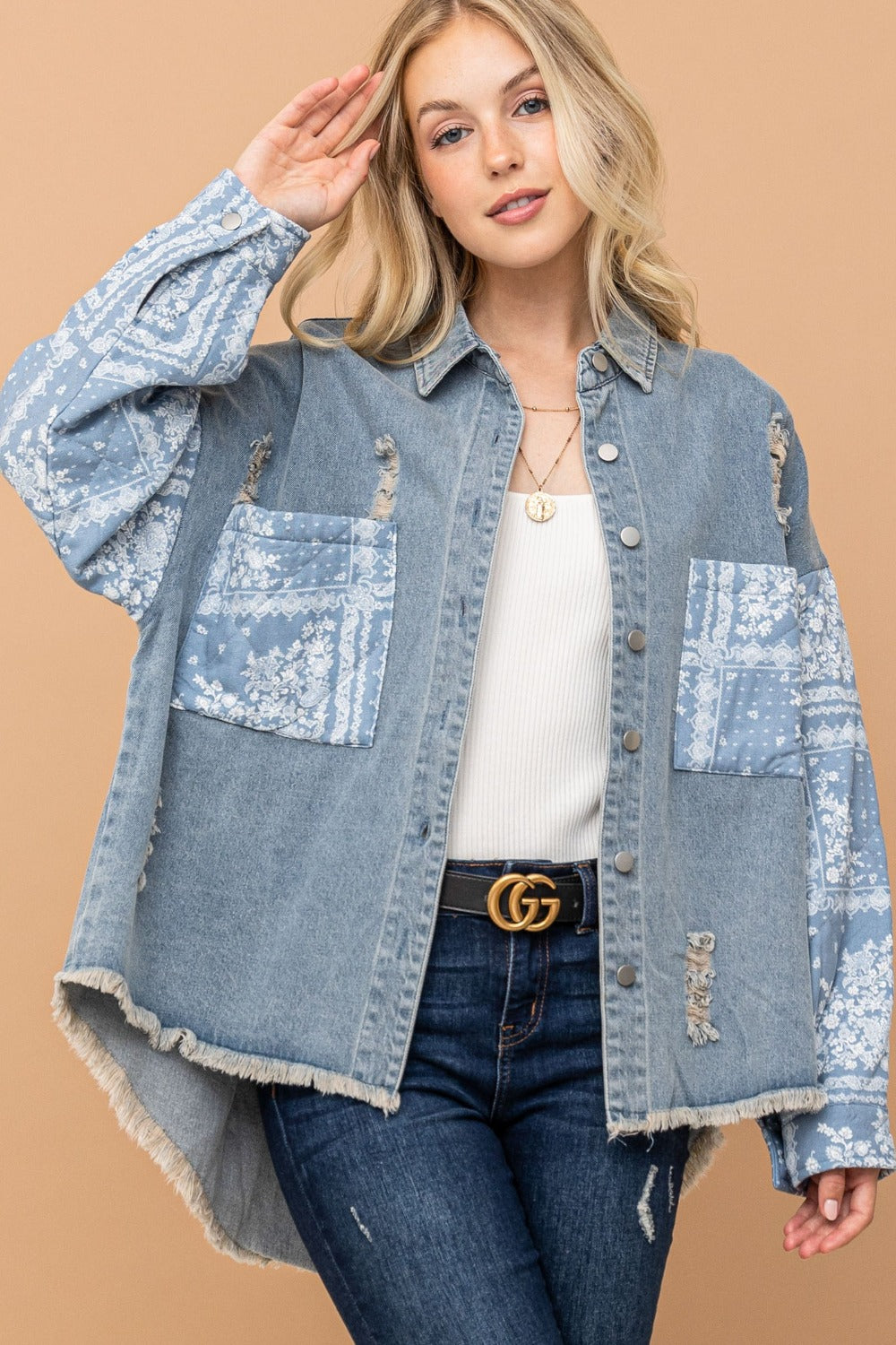 And The Why Full Size Paisley Print Quilted Sleeves Denim Jacket