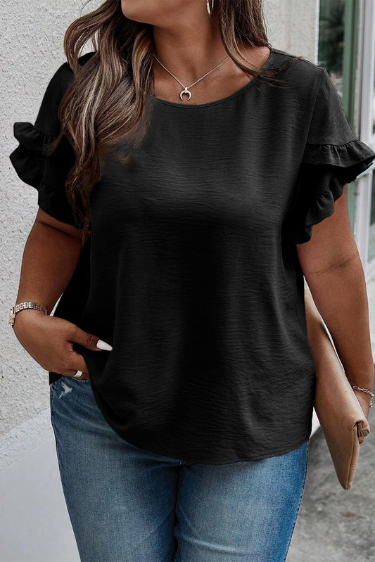 Plus Size Ruffled Round Neck Short Sleeve Blouse