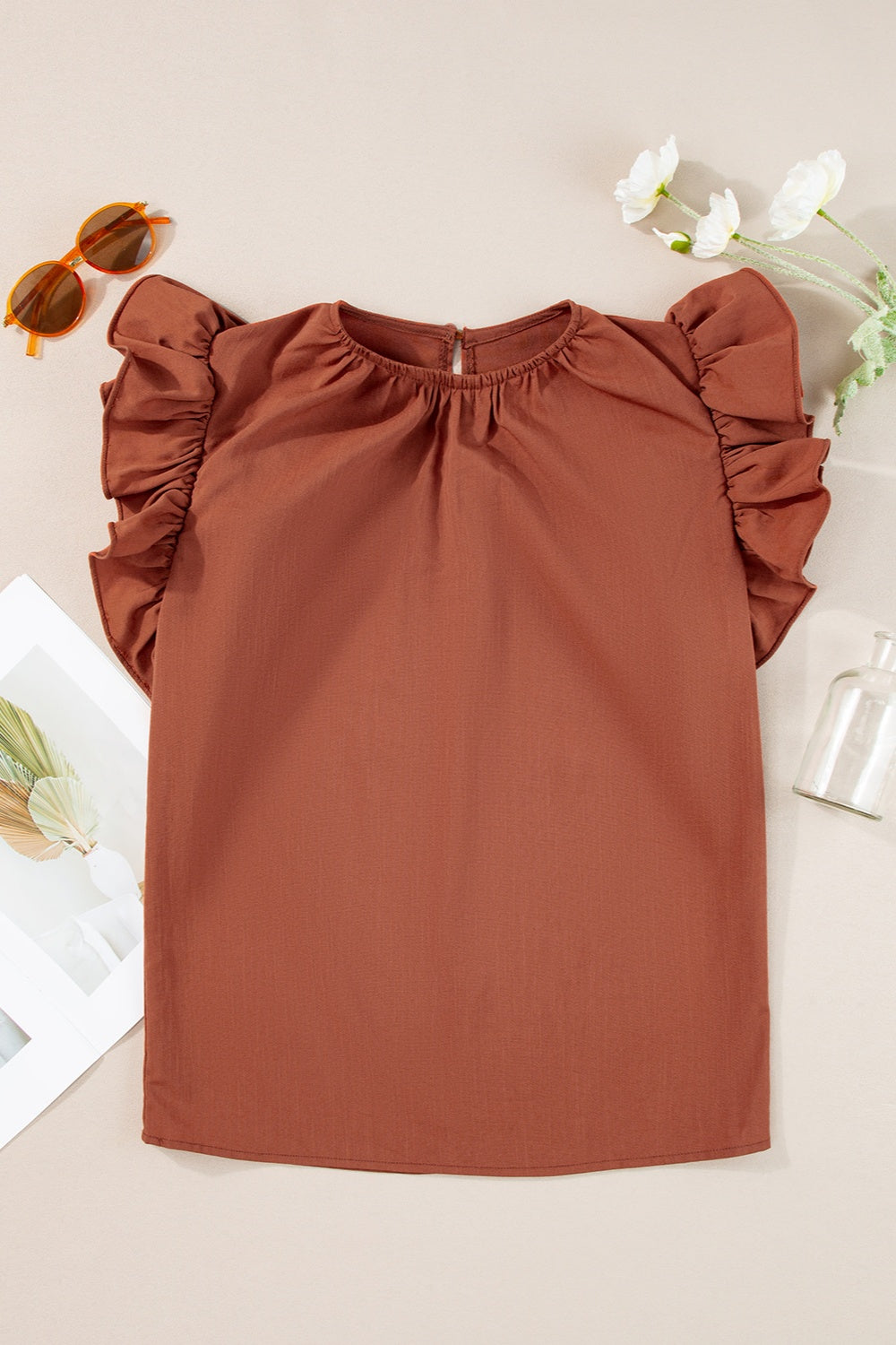 Ruffled Round Neck Cap Sleeve Blouse