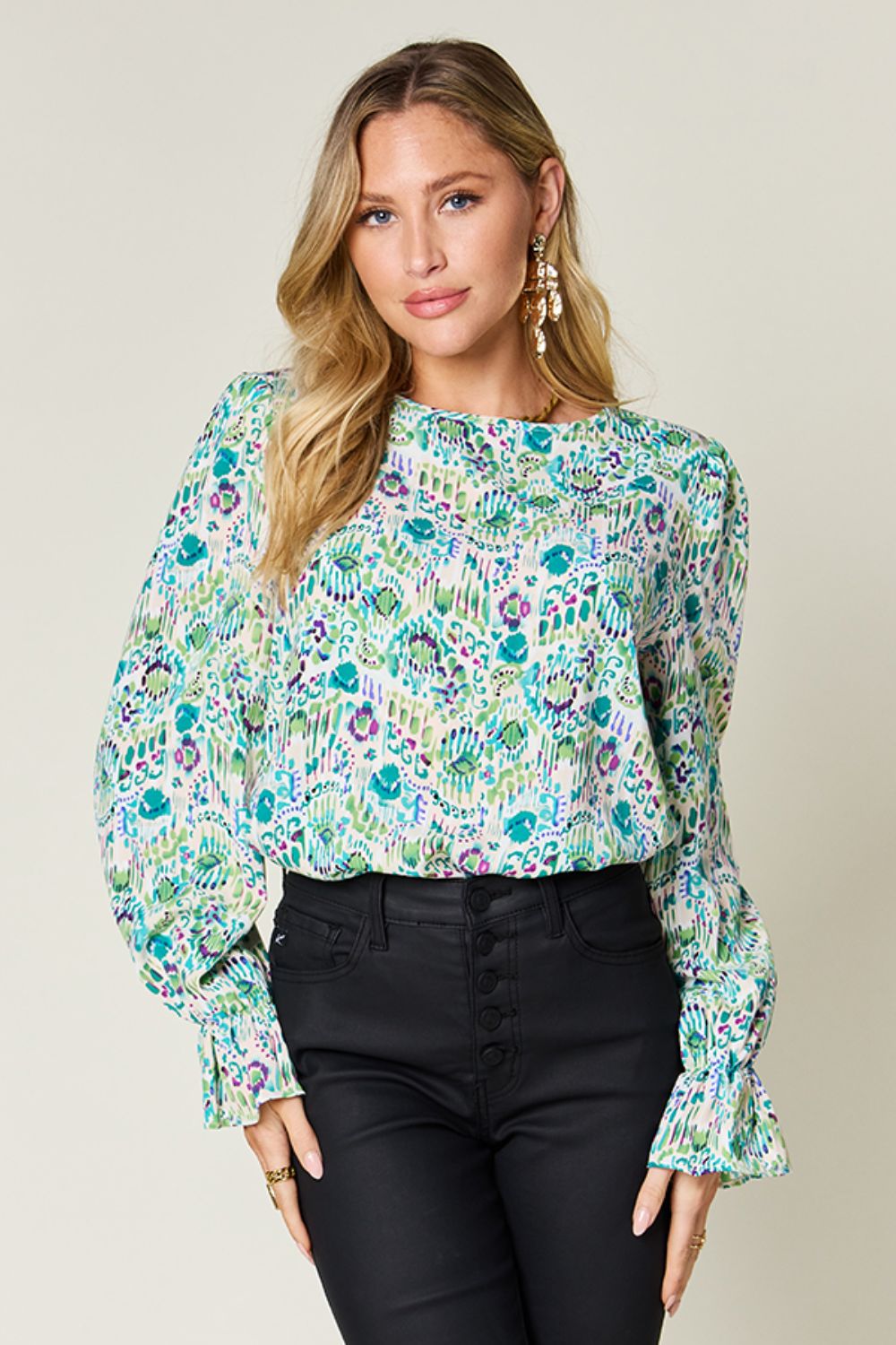 Double Take Full Size Printed Flounce Sleeve Blouse