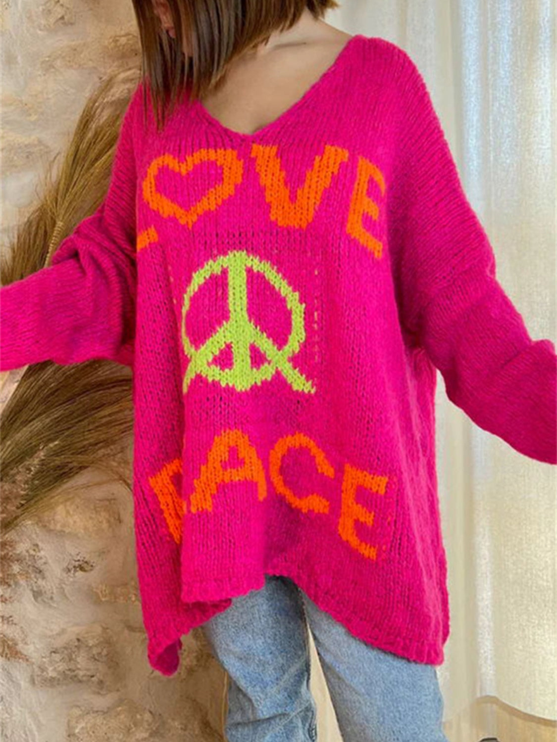 Peace Graphic V-Neck Long Sleeve Sweater