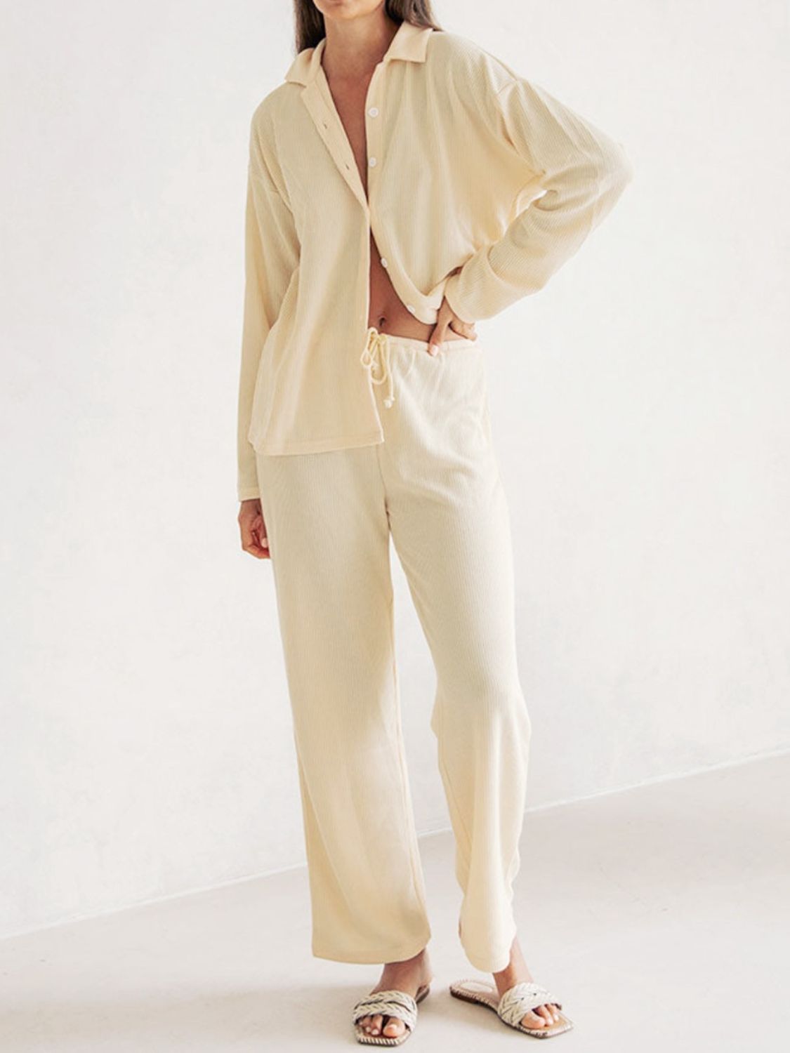 Collared Neck Long Sleeve Top and Drawstring Pants Set