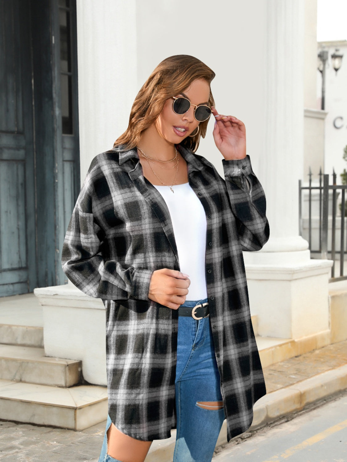 Full Size Plaid Button Up Dropped Shoulder Shirt