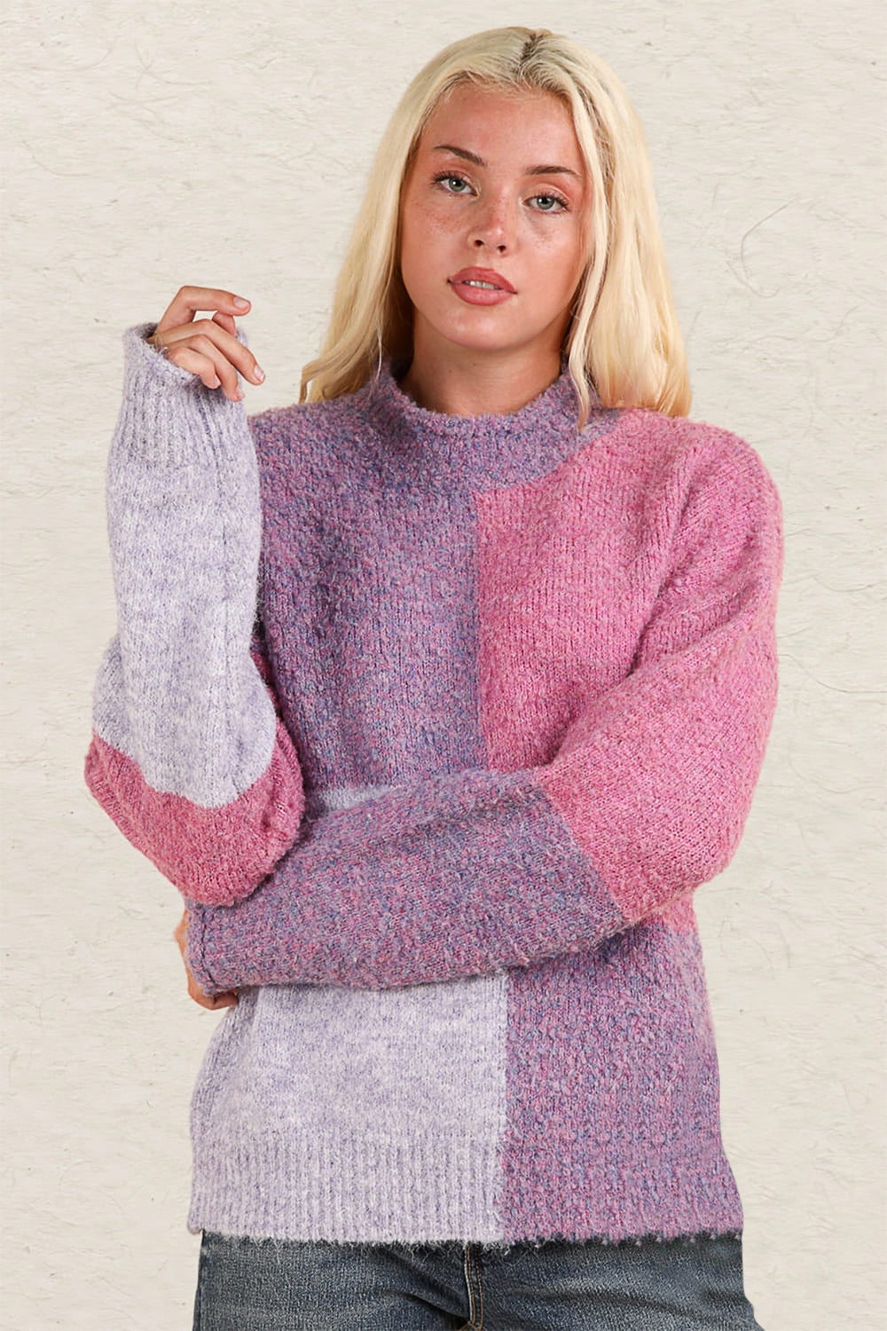 VERY J Color Block Mock Neck Drop Shoulder Sweater