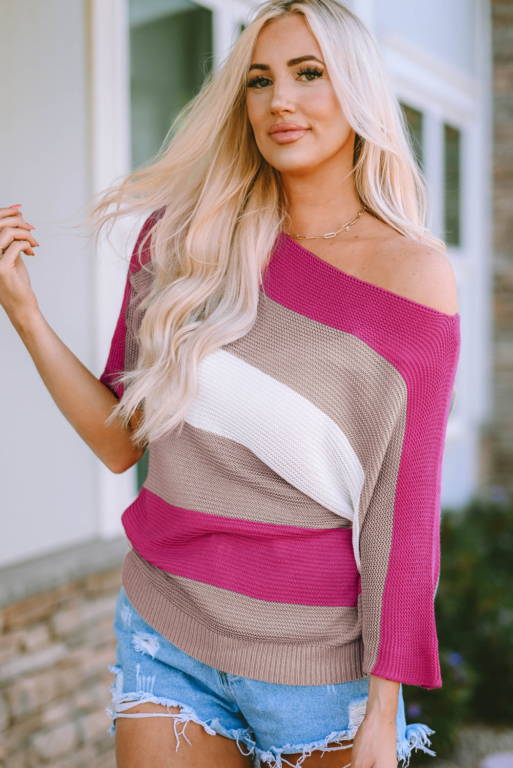 Color Block Boat Neck Half Sleeve Knit Top