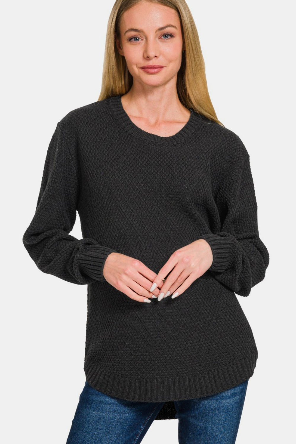 Zenana Ful Size Round Neck Long Sleeve Curved Hem Sweater