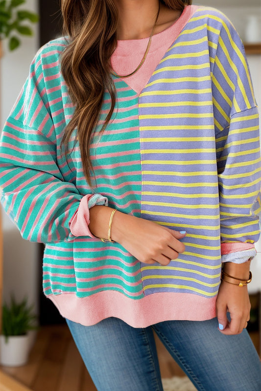 Contrast Stripes Round Neck Long Sleeve Sweatshirt