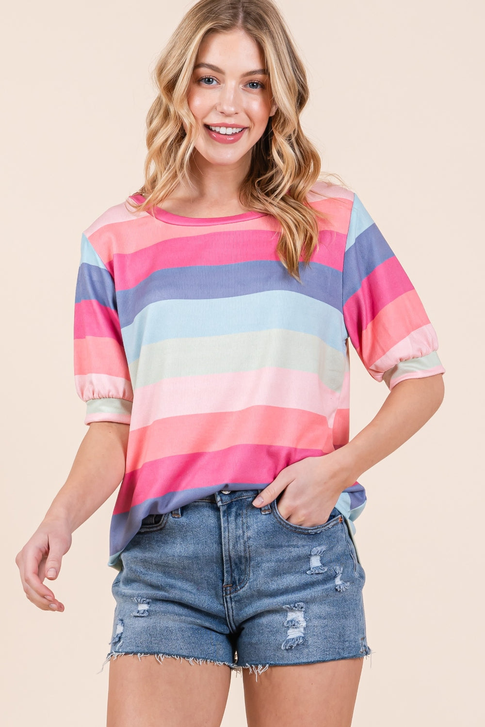 BOMBOM Striped Round Neck Half Sleeve T-Shirt