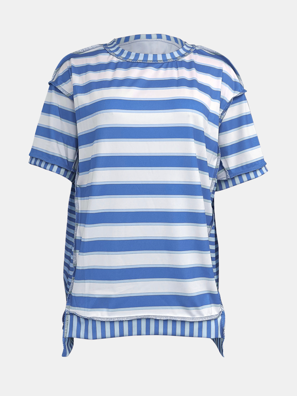 Full Size Contrast Stitching Striped Round Neck T-Shirt