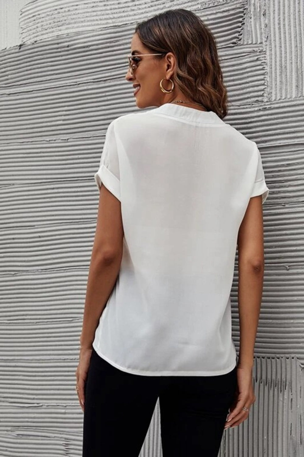 Full Size Notched Short Sleeve Blouse