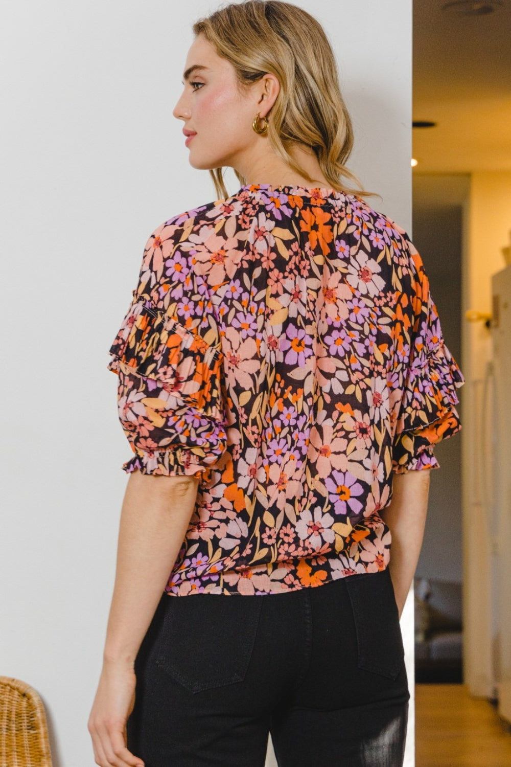 ODDI Full Size Floral Tie Neck Ruffled Blouse