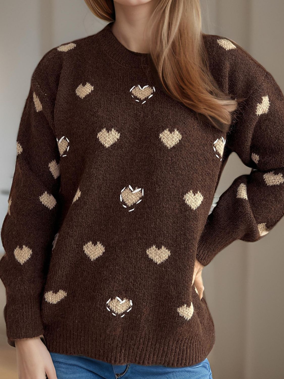 Heart Round Neck Long Sleeve Sweater