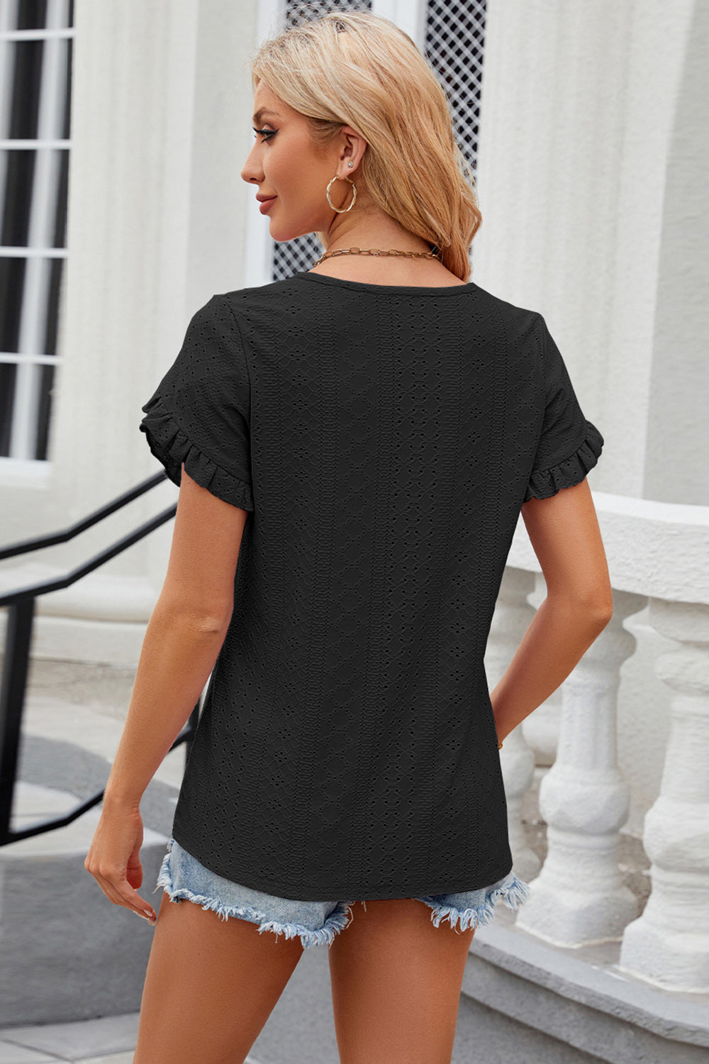 Eyelet Round Neck Petal Sleeve T-Shirt