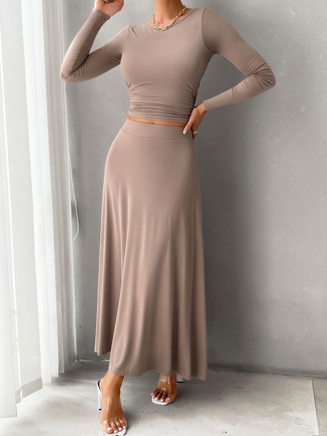 Devine Round Neck Long Sleeve Top and Skirt Set