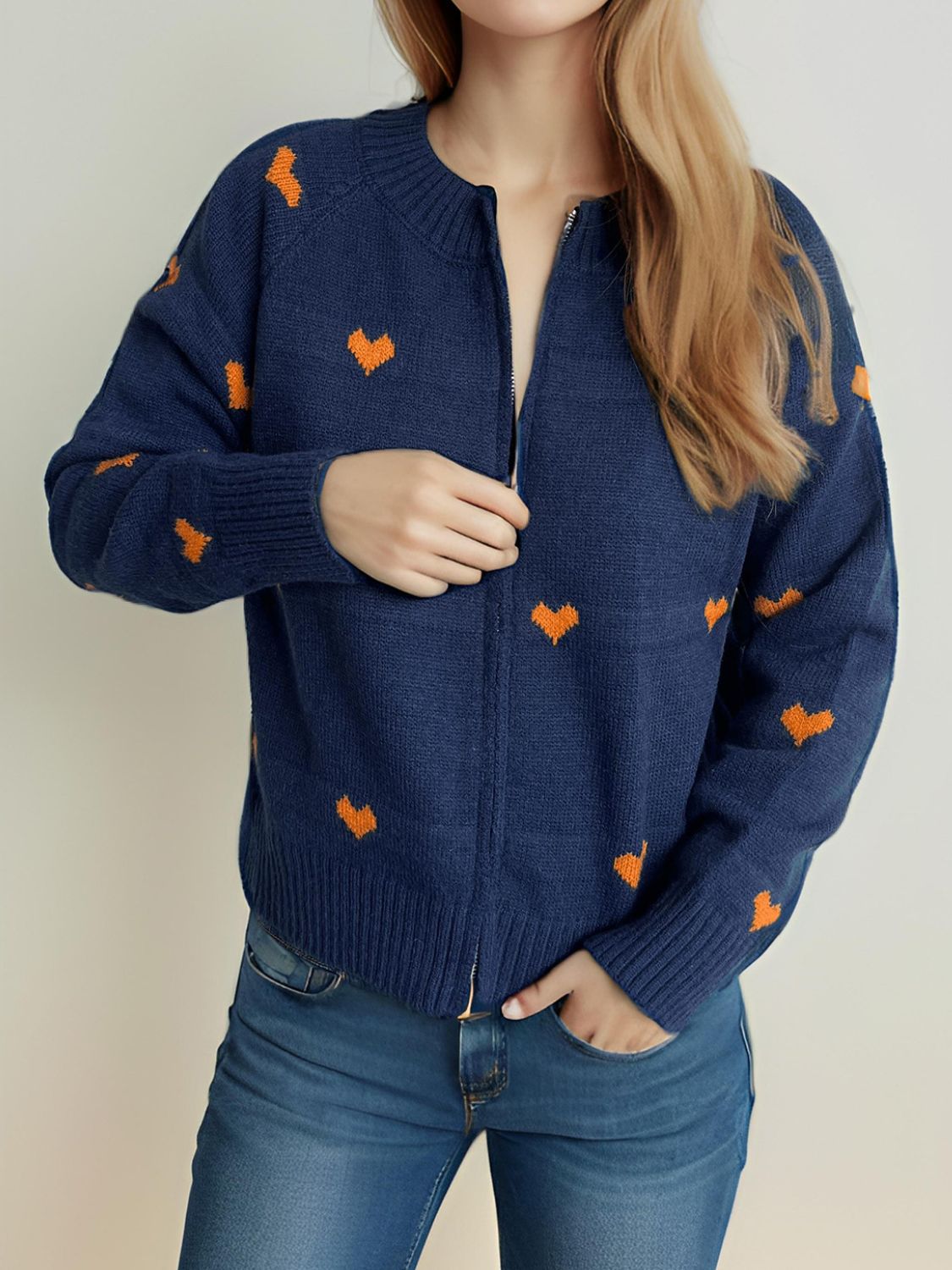 Heart Round Neck Zip Up Cardigan