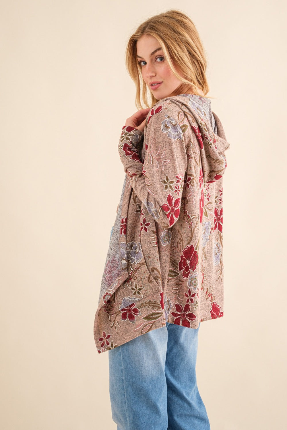 And The Why Floral Thermal Hooded Open Front Cardigan