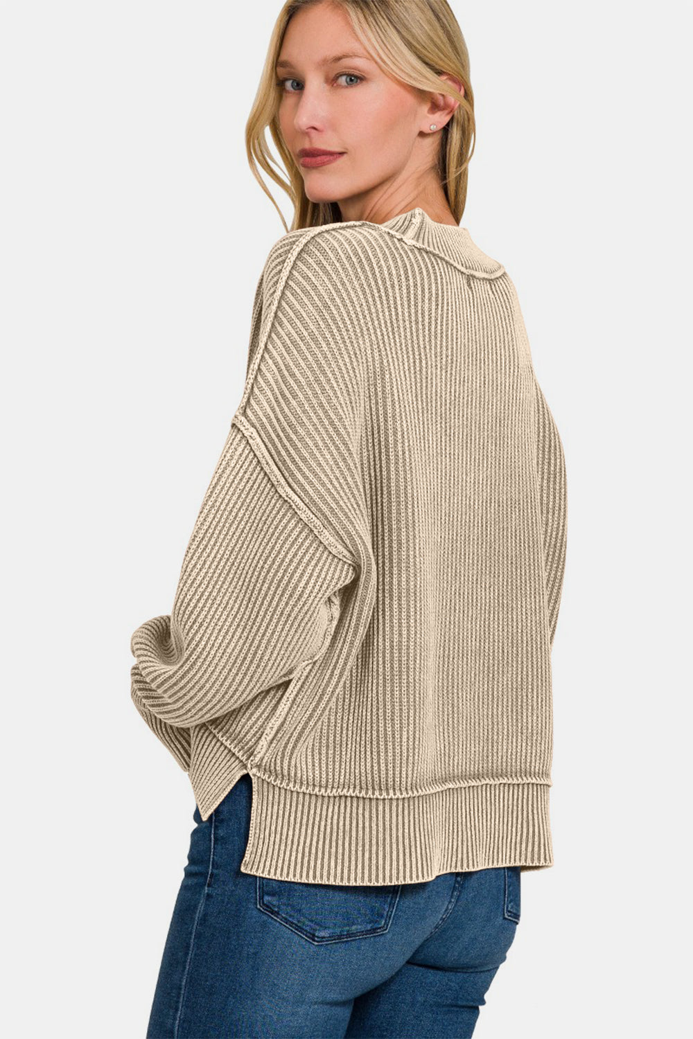 Zenana Exposed Seam Round Neck Dropped Shoulder Sweater