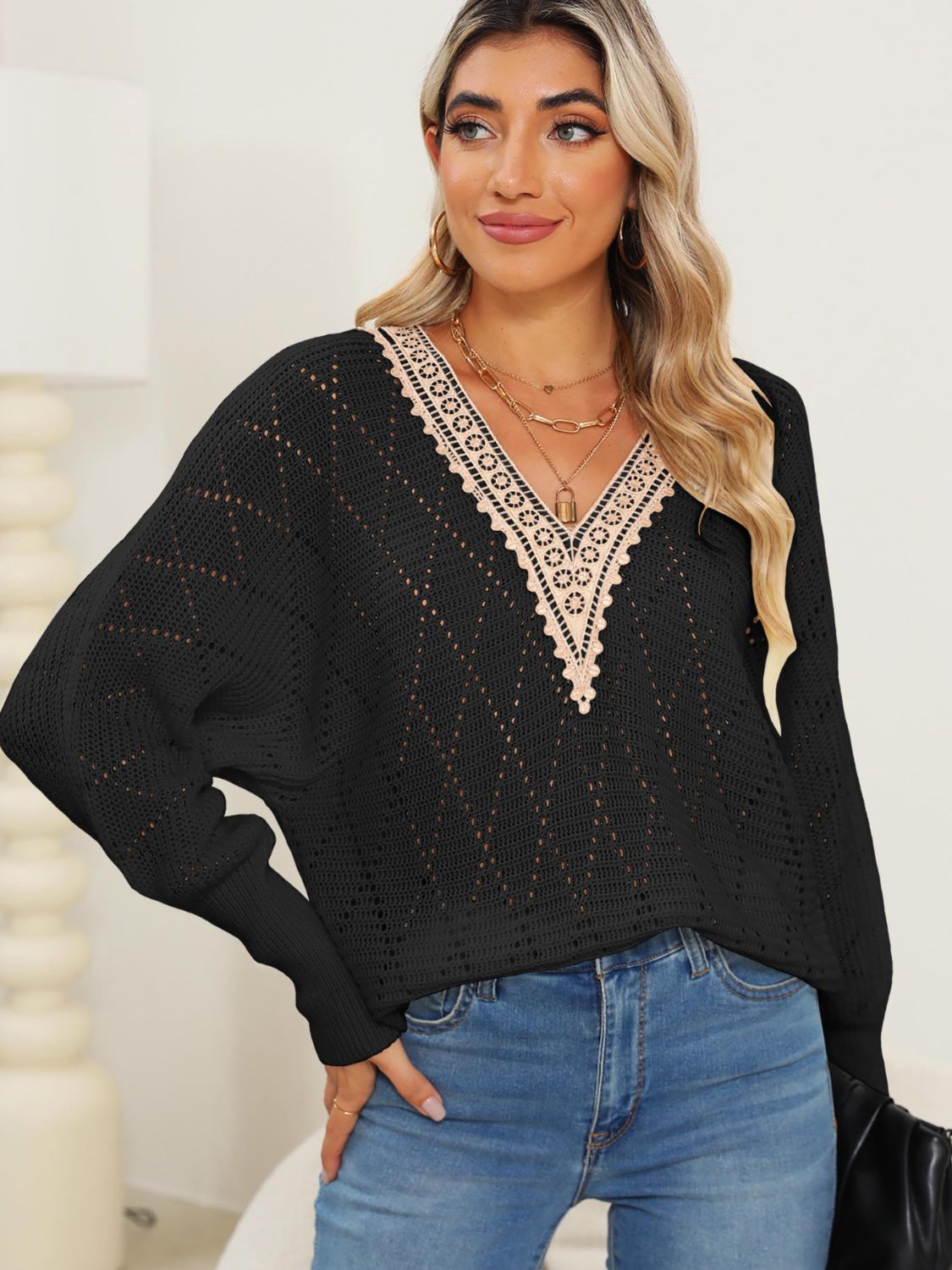 Lace Detail V-Neck Long Sleeve Sweater