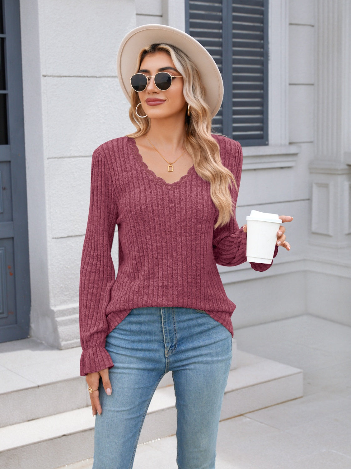 Lace Detail V-Neck Long Sleeve T-Shirt