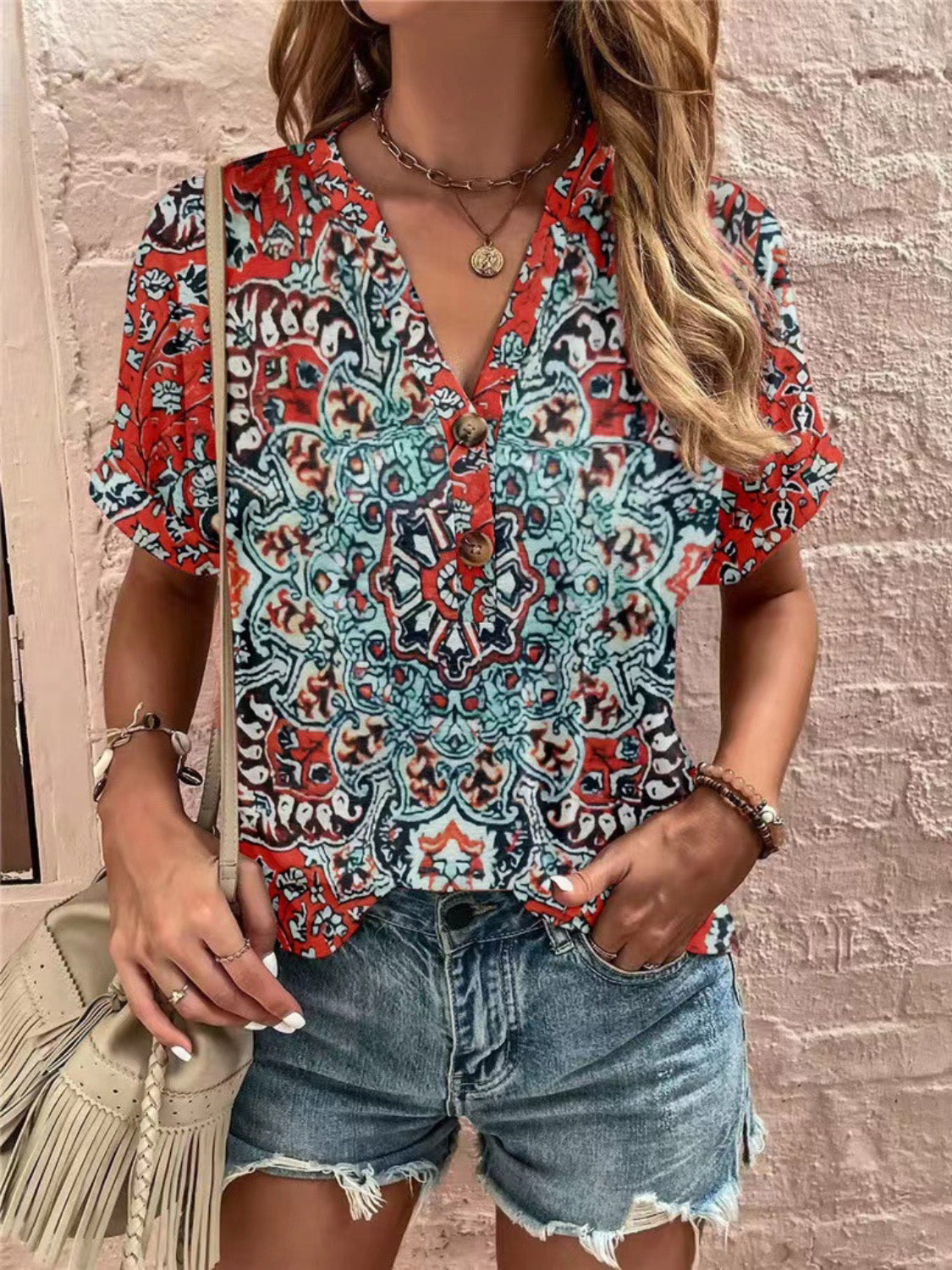 Full Size Printed Notched Short Sleeve Blouse