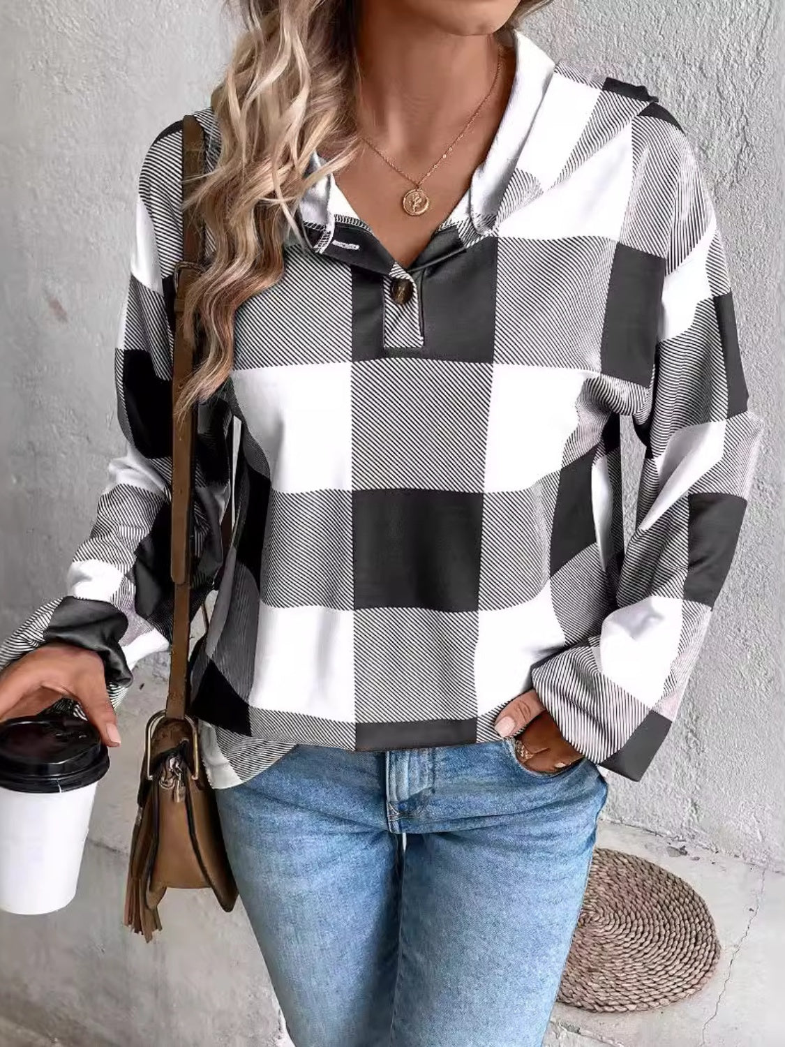 Plaid Dropped Shoulder Long Sleeve Hoodie