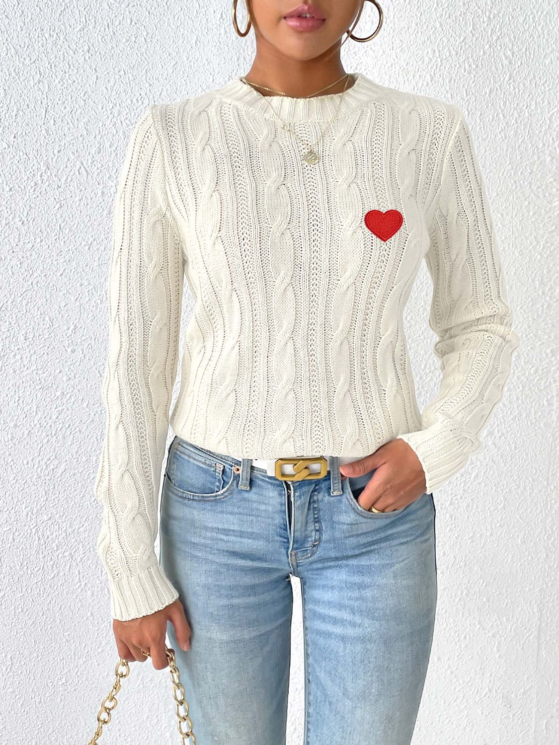 Cable-Knit Heart Round Neck Long Sleeve Sweater