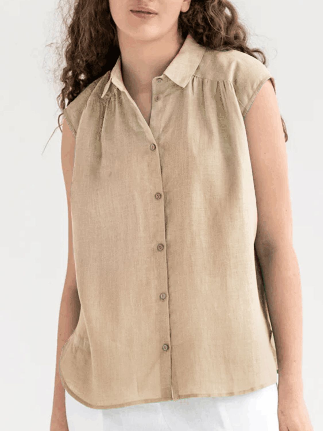 Button Up Collared Neck Cap Sleeve Shirt