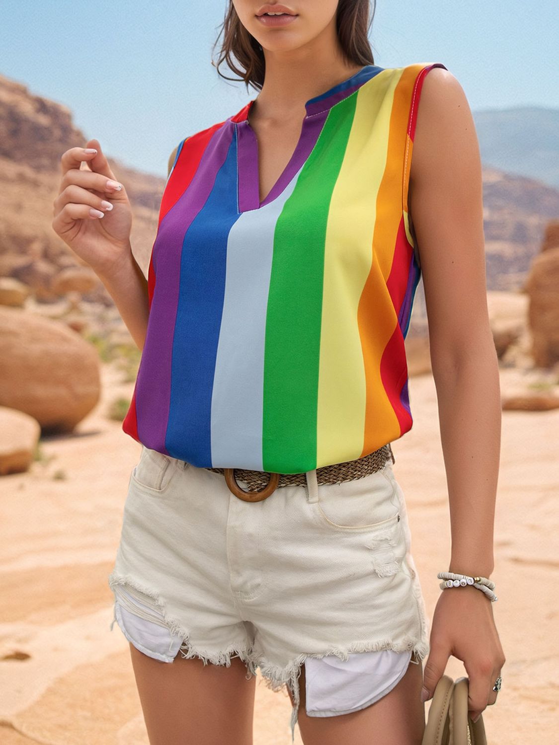 Color Block Notched Sleeveless Top