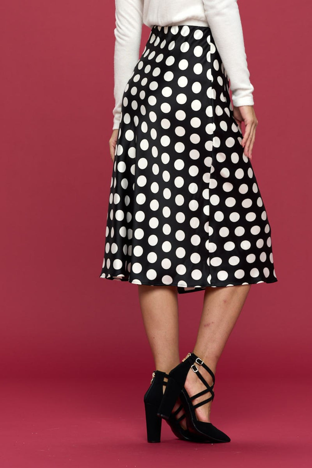 RENEE C Polka Dot Satin Midi Skirt