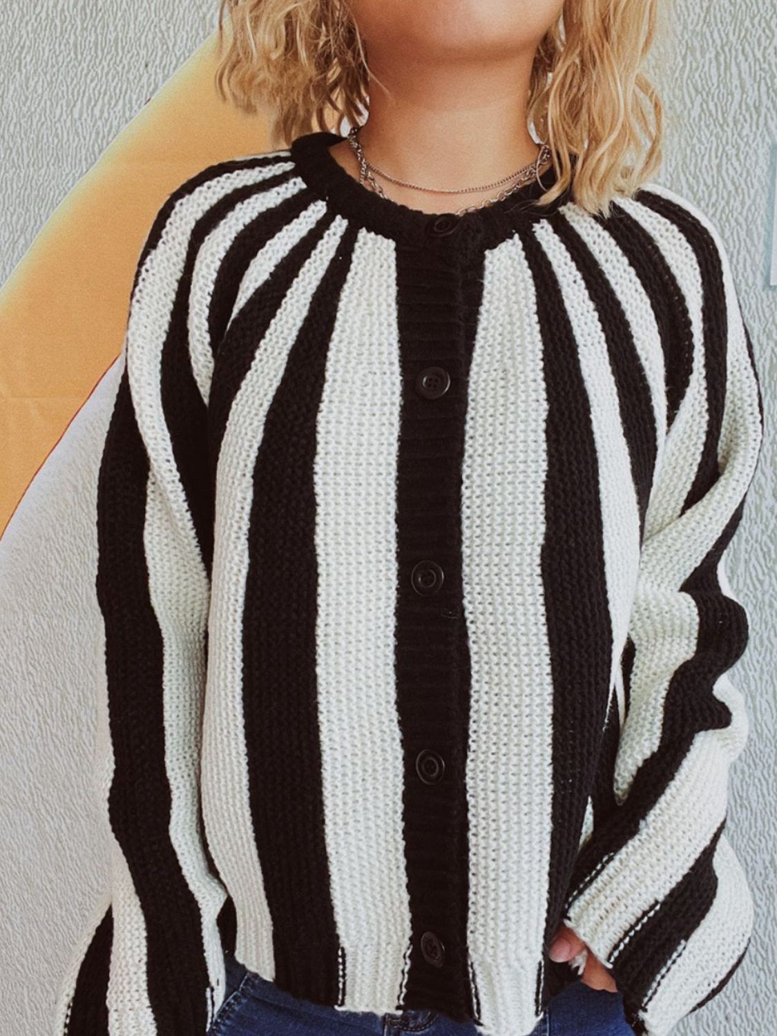 Contrast Stripes Button Down Long Sleeve Cardigan