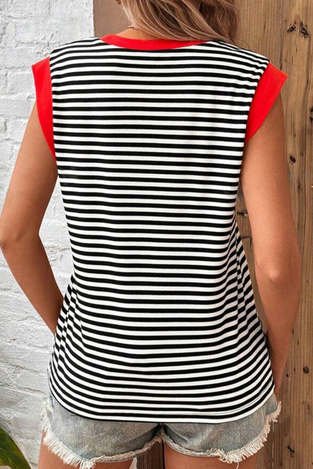 Striped Round Neck Cap Sleeve Top