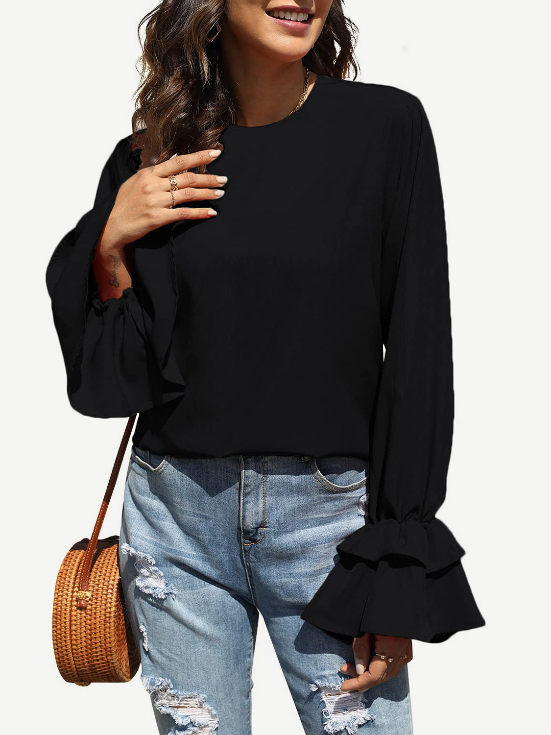 Round Neck Double-Layered Flounce Sleeve Top