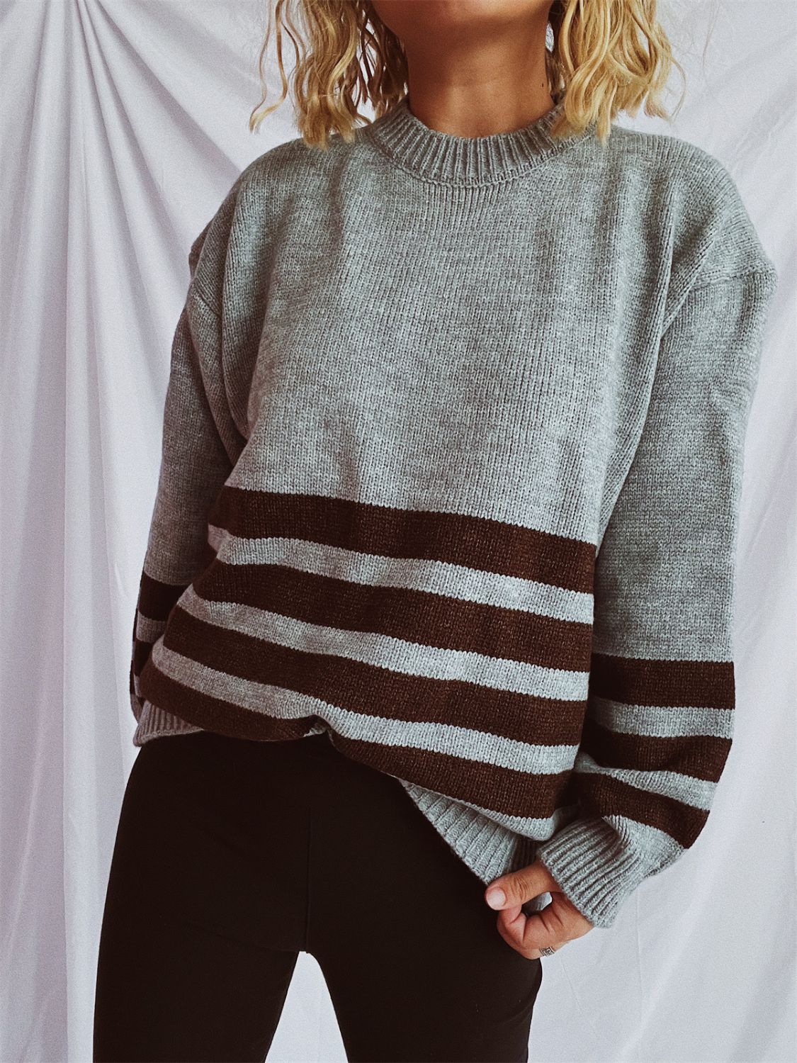 Striped Dropped Shoulder Long Sleeve Sweater