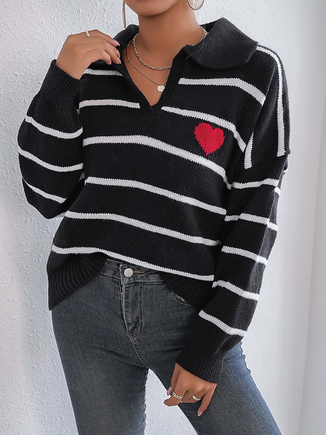 Striped Johnny Collar Long Sleeve Sweater