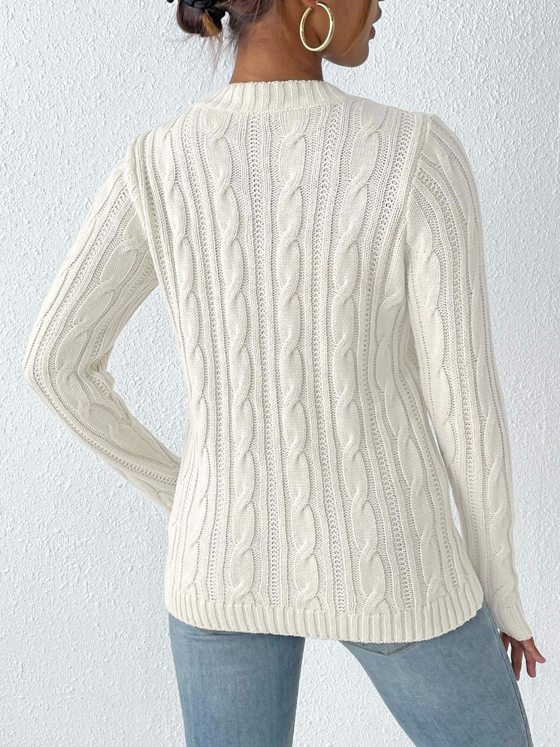 Cable-Knit Heart Round Neck Long Sleeve Sweater