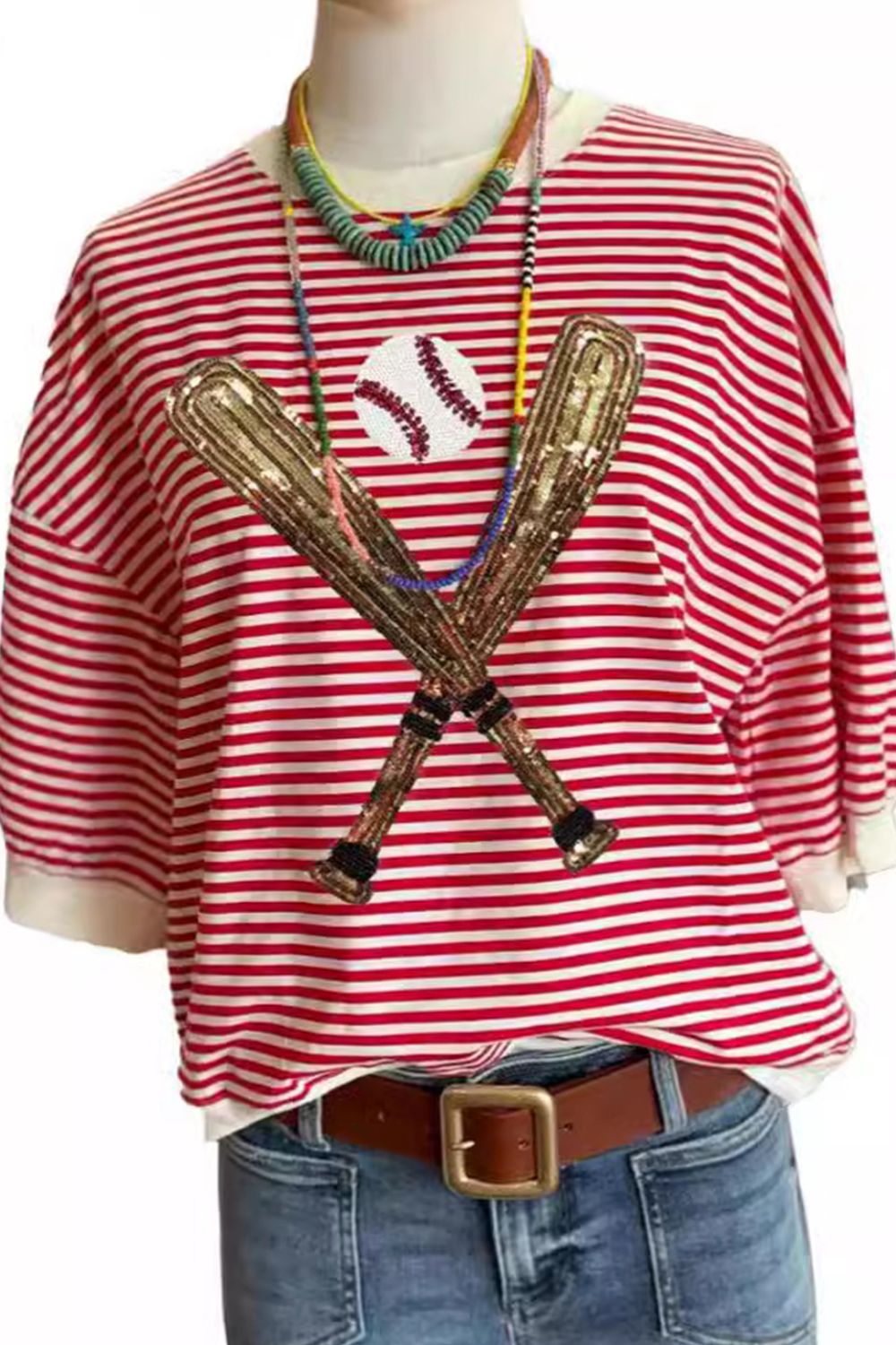 Full Size Baseball & Stripes Round Neck Half Sleeve T-Shirt