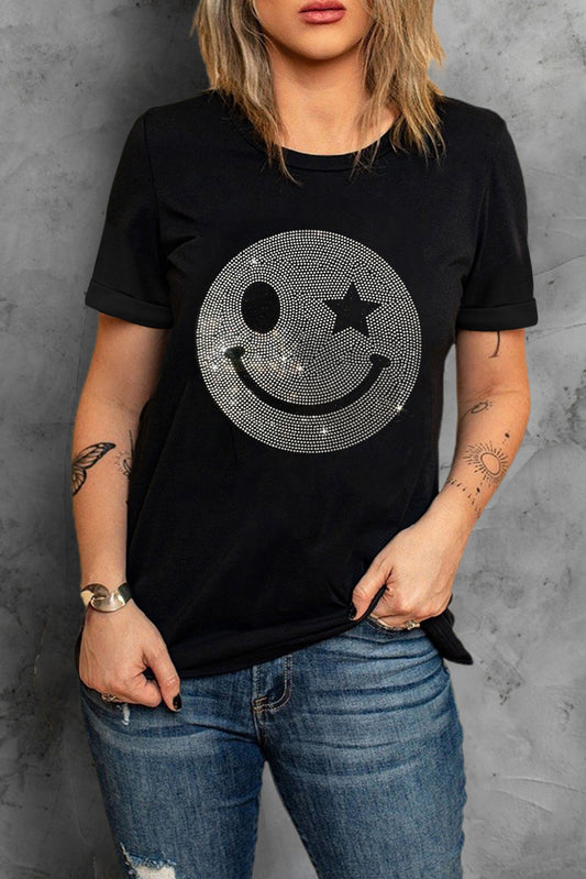 Rhinestone Smiley Round Neck Short Sleeve T-Shirt