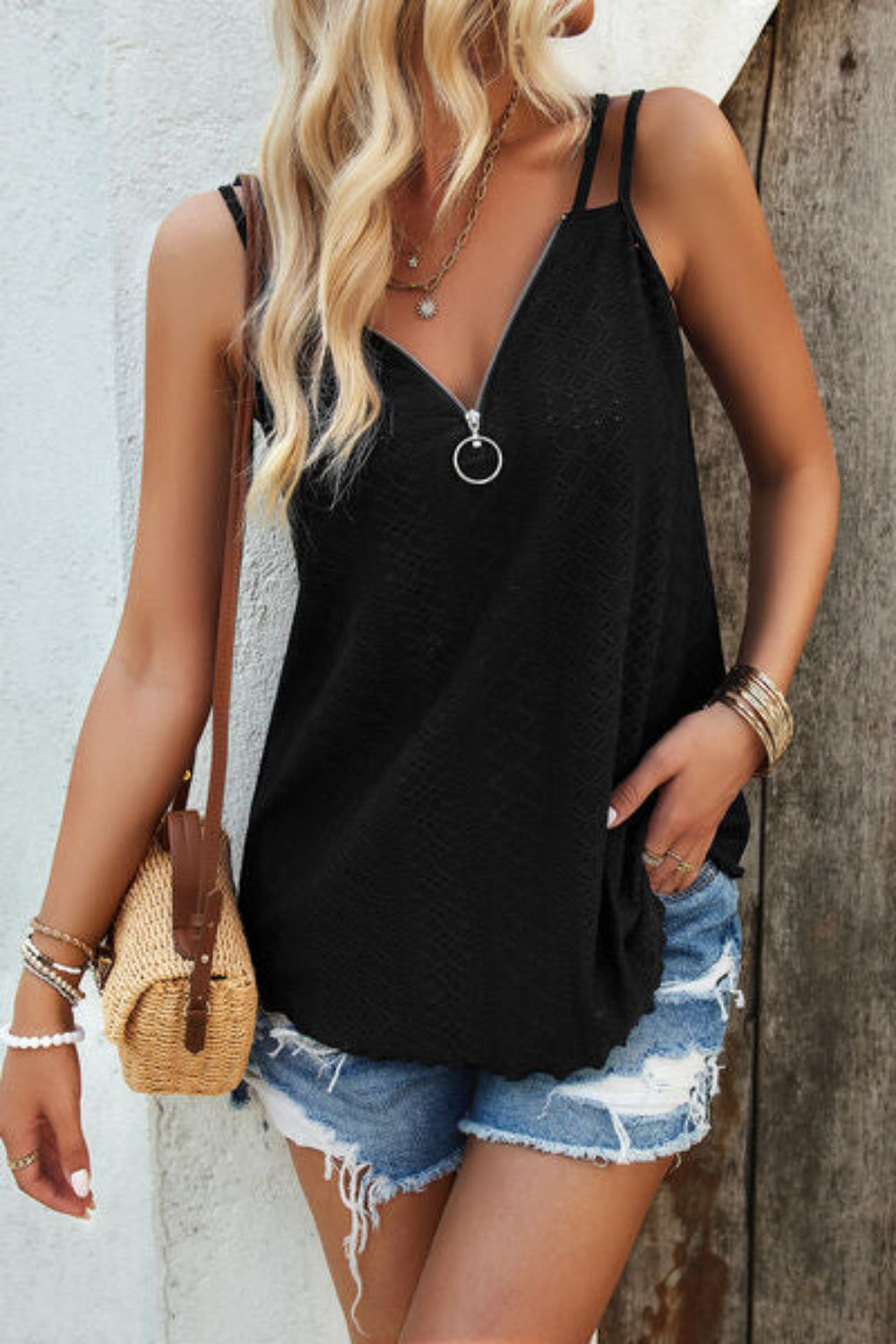 Eyelet V-Neck Double Spaghetti Straps Cami