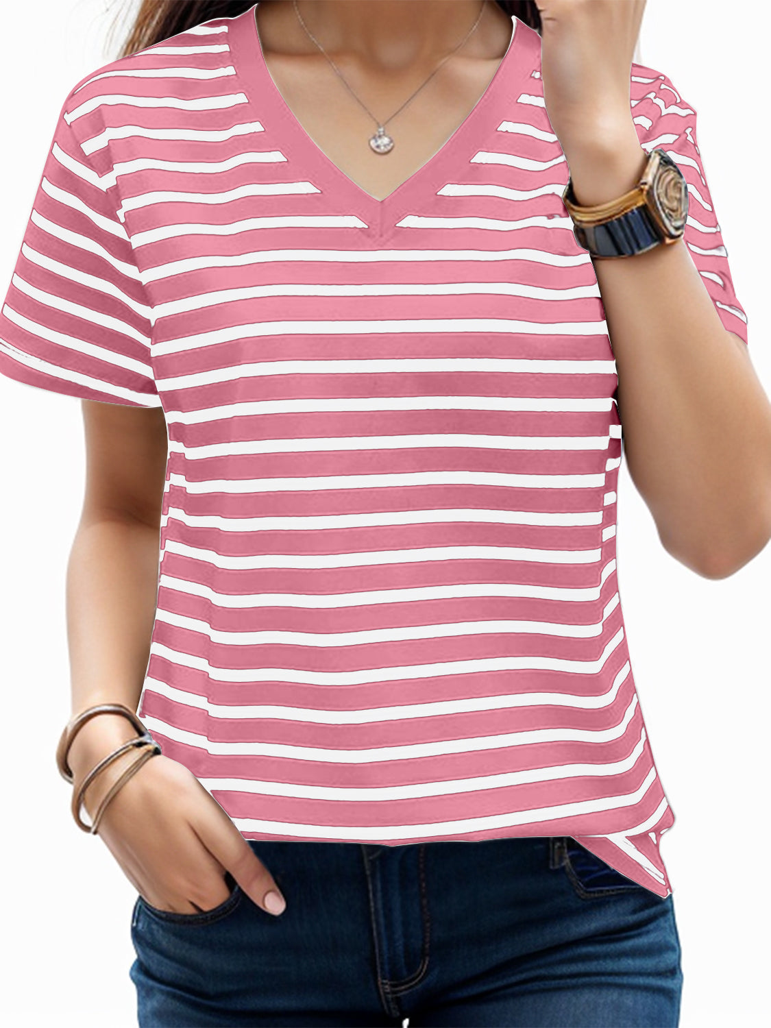 Plus Size Striped V-Neck Short Sleeve T-Shirt