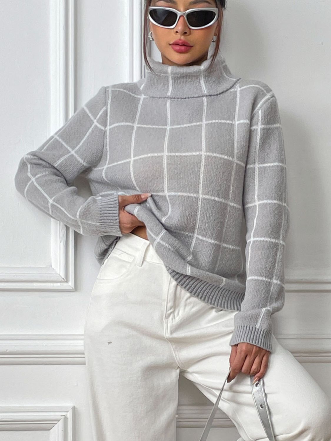 Plaid Turtleneck Long Sleeve Sweater