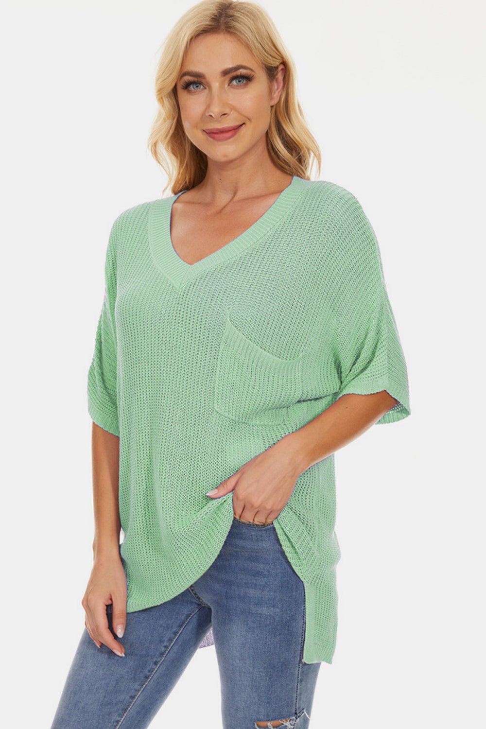 Pocketed V-Neck Half Sleeve Knit Top