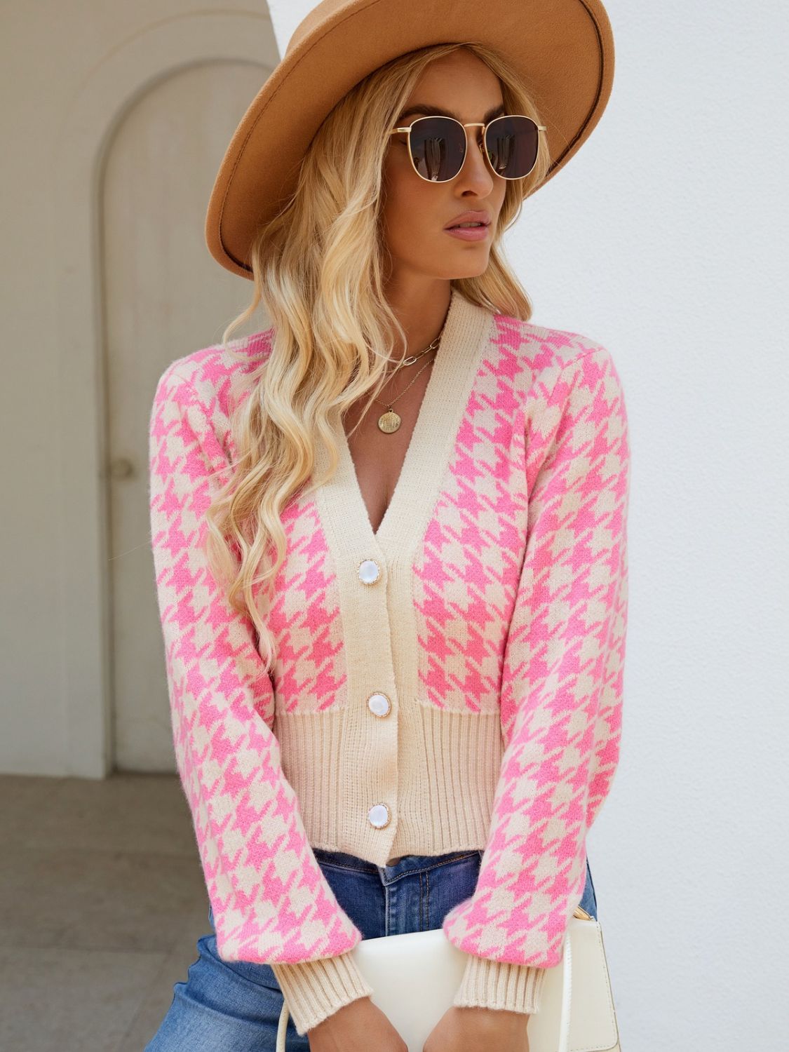 Houndstooth Button Up Long Sleeve Cardigan