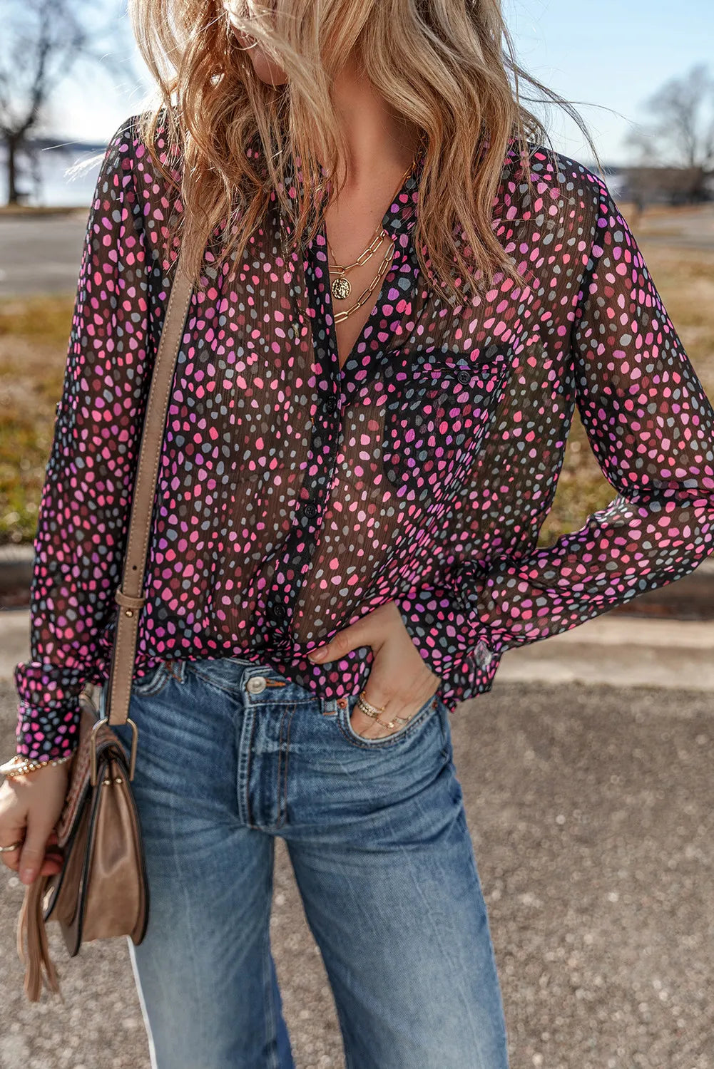 Printed Notched Long Sleeve Blouse