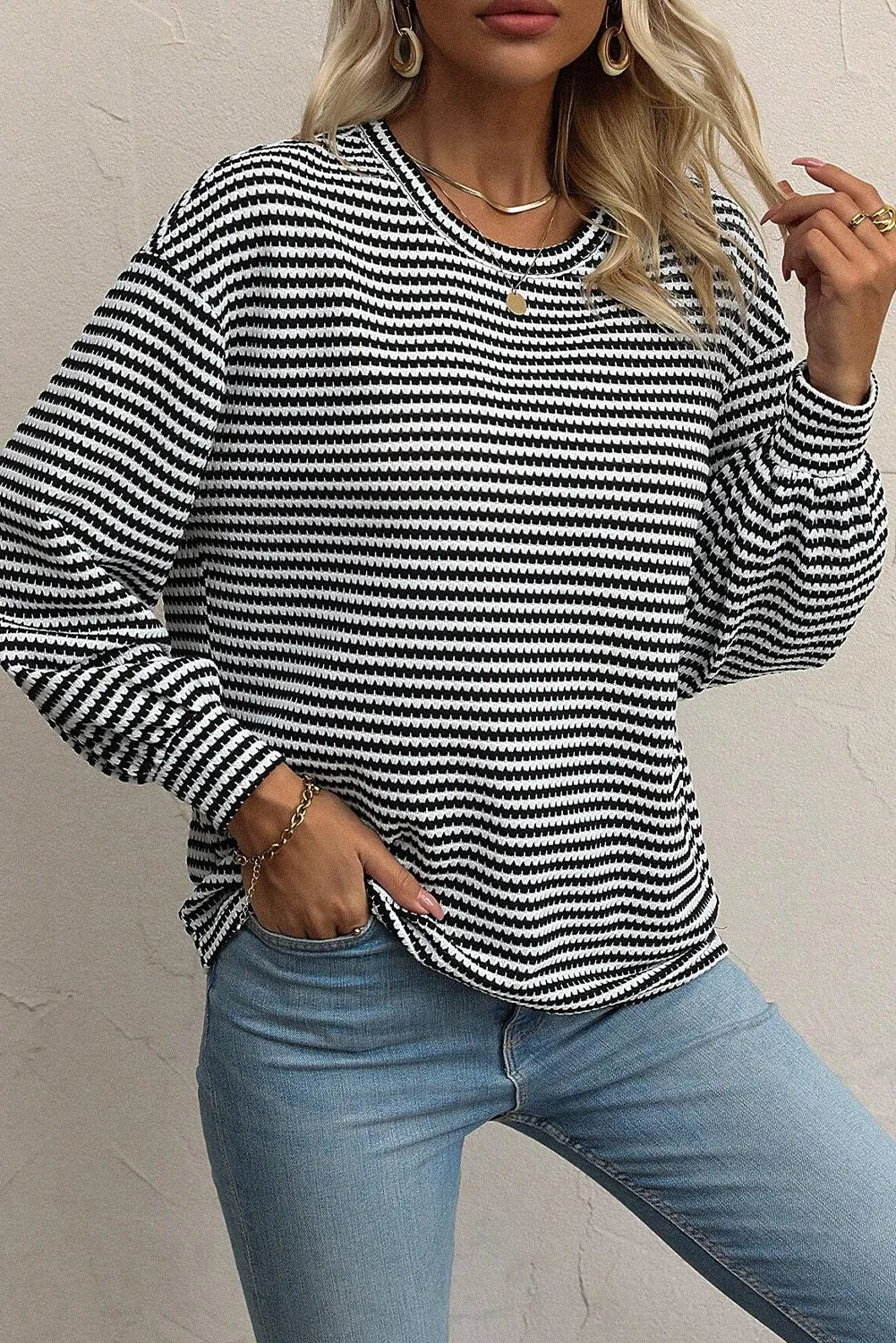 Striped Round Neck Long Sleeve Top