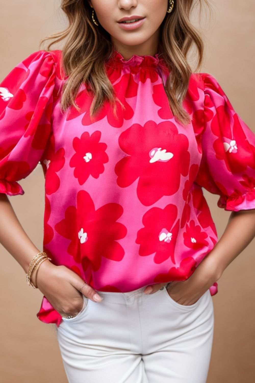 Ruffled Printed Mock Neck Short Sleeve Blouse