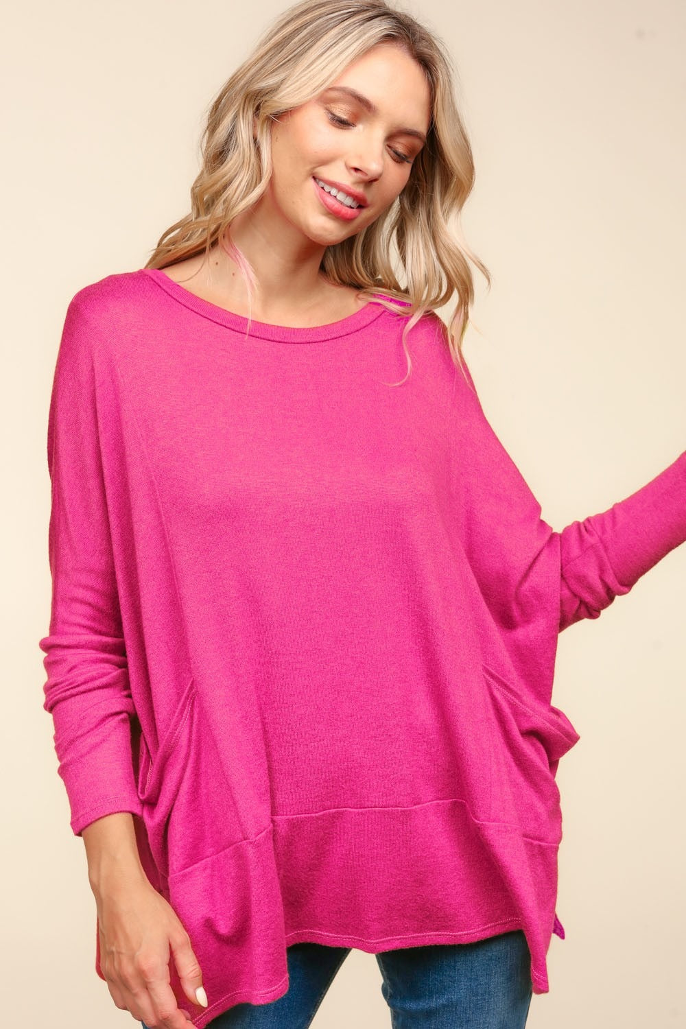 Haptics Dolman Long Sleeve Oversized Knit Top with Pockets