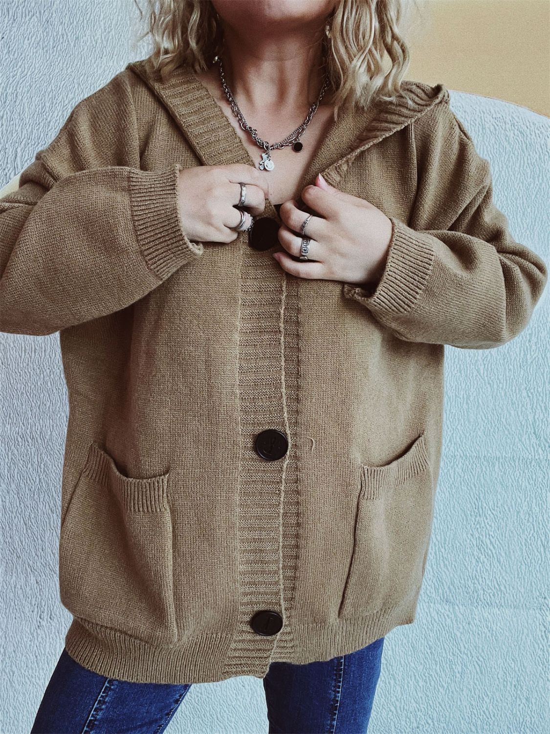 Dropped Shoulder Long Sleeve Hooded Cardigan