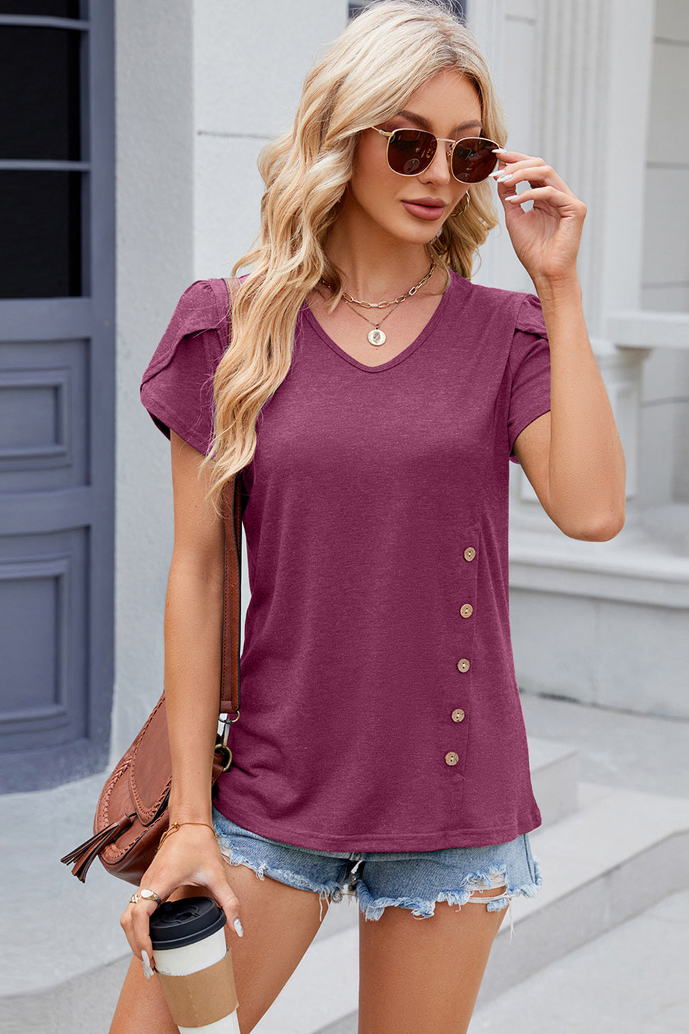 V-Neck Petal Sleeve T-Shirt